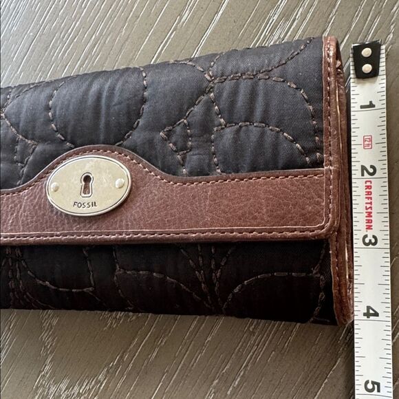 Fossil Key-Per Y2K Quilted Textile Leather Trim Black Brown Trifold Wallet EUC - Picture 8 of 12